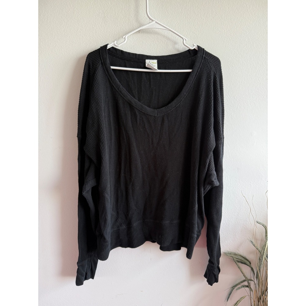 OFFLINE by Aerie Black Waffle Knit V-Neck Oversized Thermal Top L